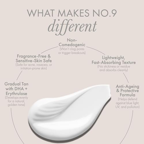 No. 9 Hydrating Moisturiser Face Cream with Gradual Tan ? Smooths, Softens, Anti-Ageing, Boosts Elastiity & Protects Against UV/Blue Light ? Lightweight, Fragrance-Free, Sensitive Skin, 30mL