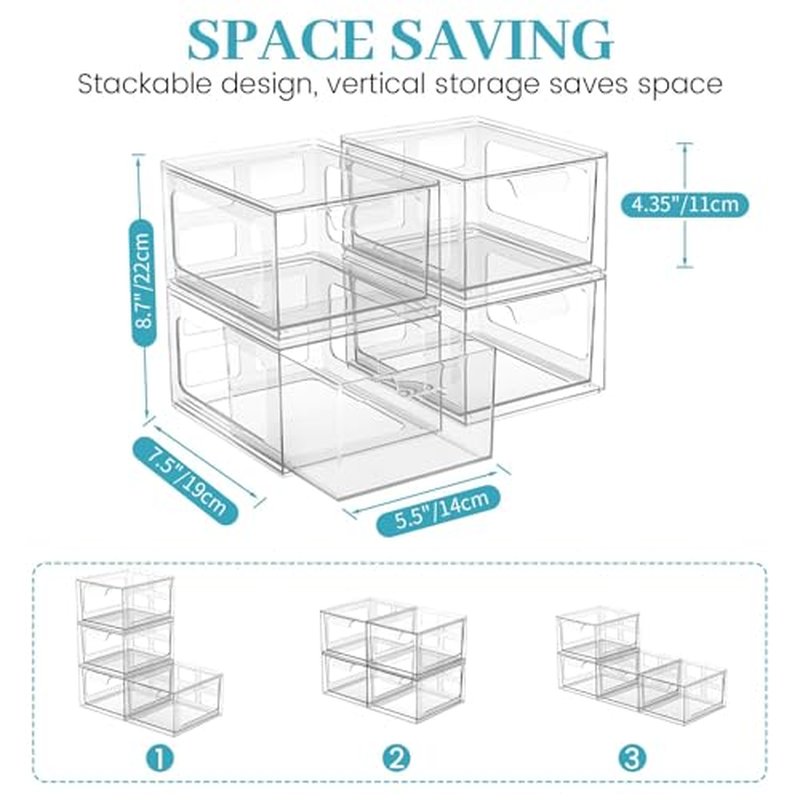 6 Pack Stackable Plastic Makeup Organizer Drawers, Acrylic Organizers, Clear Storage Bins with Pull-Out Handles for Vanity, Kitchen Cabinets, Pantry