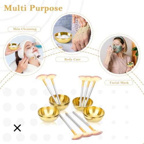 8 Pcs Gold Facial Bowl and Brush Set 4 Gold Stainless Steel Mixing Bowls 4 Facial Fan Brushes Esthetician Face Mask Brush for Mud Cream Makeup Spa Salon (8 Pcs)