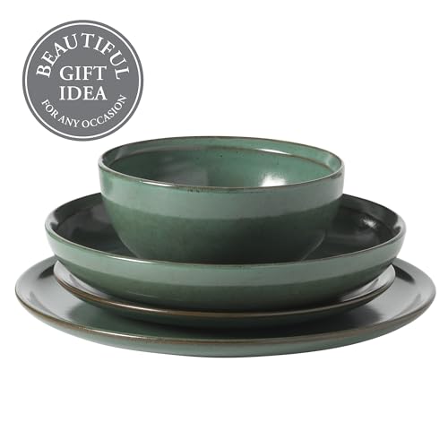 Gibson Elite Beckett Green 16-Piece Stoneware Dinnerware Set for 4 - Matte Reactive Glaze