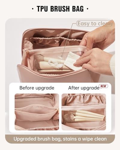 Travel Makeup Bag for Women - Medium Pink PU Leather Cosmetic Organizer