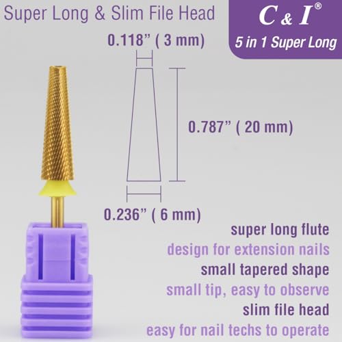 C&I 5 in 1 Nail Drill Bit Super Long Slim Efile Professional Nail Bits Nail Tech Must Have for Extension Nails Acrylic Powder Hard Gel Nail Tip Cuticle Remover Nail Supplies (Double Fine -XXF)