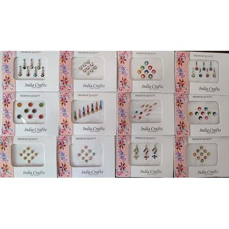 12 Combo Bindi Packs All in One- Multicolored Face Jewels Bindi Stickers Indian Forehead Tika