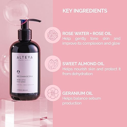 Alteya Organic Face Wash with Bulgarian Rose & Coconut Oil - USDA Certified, Gentle & Hydrating 8.5 Fl Oz
