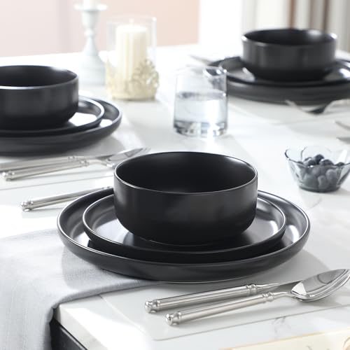 Black Porcelain Dinnerware Set for 4 - 12 Pieces Plates & Bowls, Microwave & Dishwasher Safe
