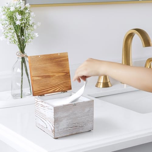 White Washed Wood Face Towel Holder with Lid - Dispenser for Vanity & Bathroom