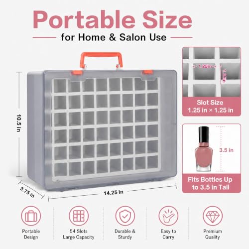 FULLCASE Light Gray Nail Polish Organizer Case for 54 Bottles, Clear Storage with Foam
