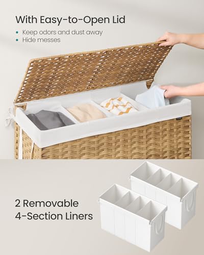 Laundry Hamper with Lid 200L 4-Section Wicker Basket + Mesh Bags - Natural