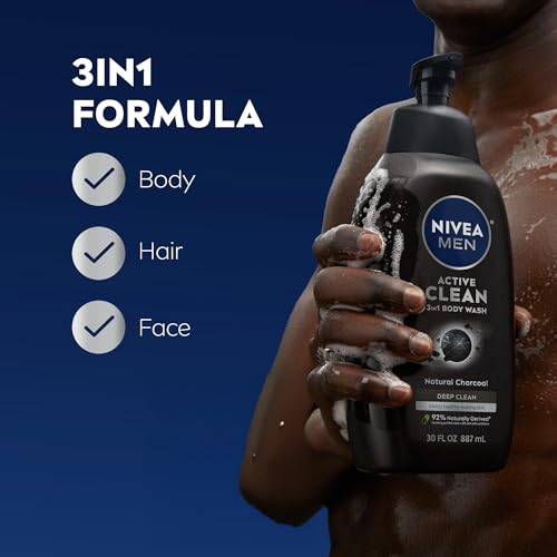 NIVEA MEN Active Clean Body Wash with Natural Charcoal for Normal to Oily Skin,3-in-1 Charcoal Body Wash,Face and Hair,Draws Out Dirt and Impurities,30 Fl Oz Bottle,(Pack of 2)