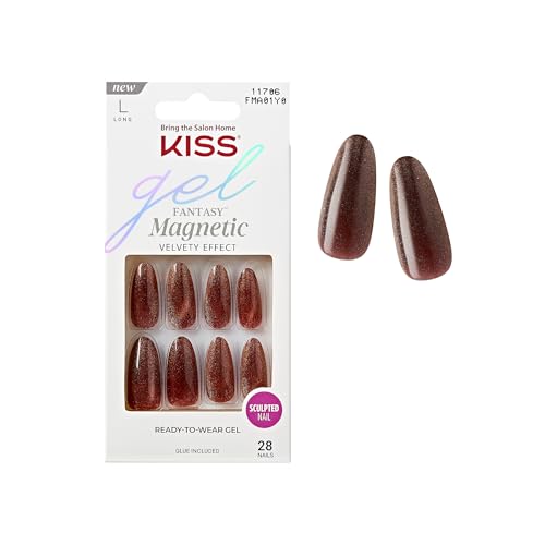 KISS Gel Fantasy 28 Pcs Press On Nails, Long Almond Fake Nails, Brown Magnetic Cat Eye Polish Stick On Extensions, Reusable Velvet Full Cover Kit with Glue, Manicure Stick & File, Wear for 7 Days