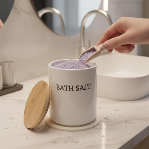 M-White 64oz Airtight Ceramic Bath Salt Jar Set with Wooden Lid & Scoop