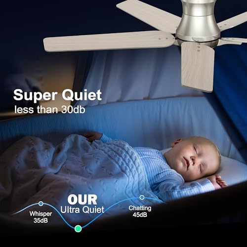 52 Inch Ceiling Fan with Lights and Remote - Brushed Nickel Flush Mount Low Profile Dimmable 6 Speeds