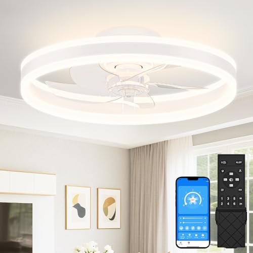 20 Inch White Low Profile Ceiling Fan with Dimmable LED Light and Remote Control