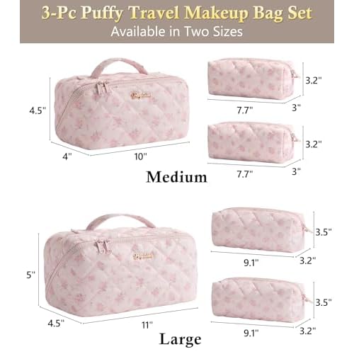Travel Makeup Bag, 3 Pcs Large Capacity Puffy Toiletry Bag for Women, Open Flat Make up Cosmetic Organizer w/Handle & Clear Divider Water-resistant Portable Pouch Travel Essentials, L-Pink Rose