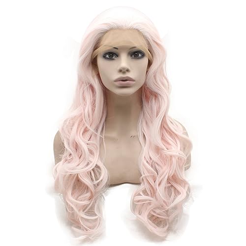 MX Angel Long Wavy Light Pink Lace Front Synthetic Wig Half Hand Tied for Cosplay & Party