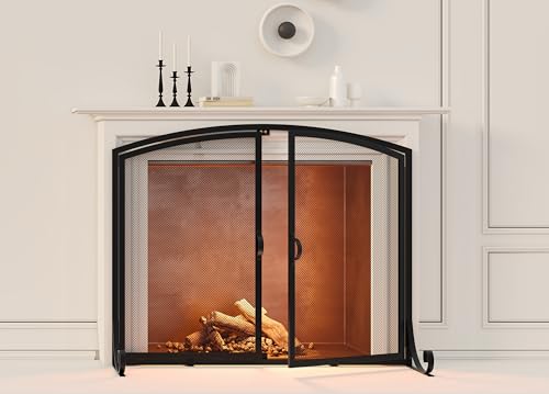 Large Fireplace Screen with Double Doors - Heavy Duty Steel, Black, Childproof, 37.8"W x 30.7"H