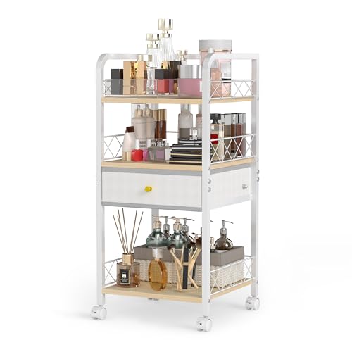 Makeup Organizer Rolling Cart with Drawer, Makeup Organizer on Wheels, Rolling Makeup Bathroom Storage Cart, Cosmetics Display for Nail Polish Makeup Brush