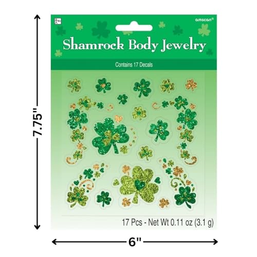 Shamrock Glitter Body Jewelry - 7.75" x 6" (Pack of 1) - St. Patrick's Day Celebration with Assorted Non-Toxic Designs - Sparkle in Parades, Parties & More