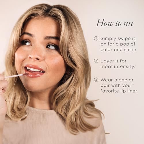 PÜR MINERALS Glossy Lip Tint & Lip Oil in Strawberry Sorbet – Hydrating & Plumping Lip Gloss, Vegan & Cruelty-Free, Soft Peach Nude
