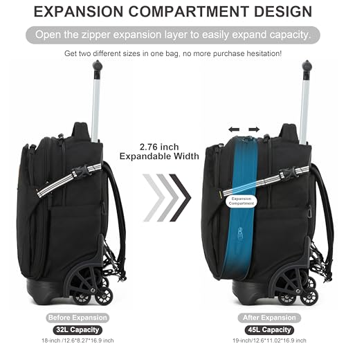 NEW TILAMI 18-Inch Expandable Rolling Backpack with Stair-Climbing Feature - Black