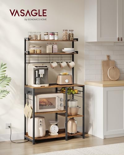 VASAGLE Rustic Brown Microwave Stand with Power Outlet, 35.4" Baker's Rack with Wire Basket & 8 Hooks
