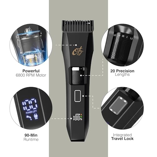 Oty Beard Trimmer for Men Adjustable - Waterproof Cordless Hair Clippers with 20-Length Dial, Stainless Steel Blades, LED Display & Travel Lock - Rechargeable Grooming Kit ? Ideal Gift for Men