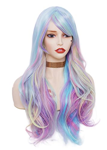 Rainbow Colorful Wavy Wig for Women 26 Inch Synthetic Cosplay & Party Hair