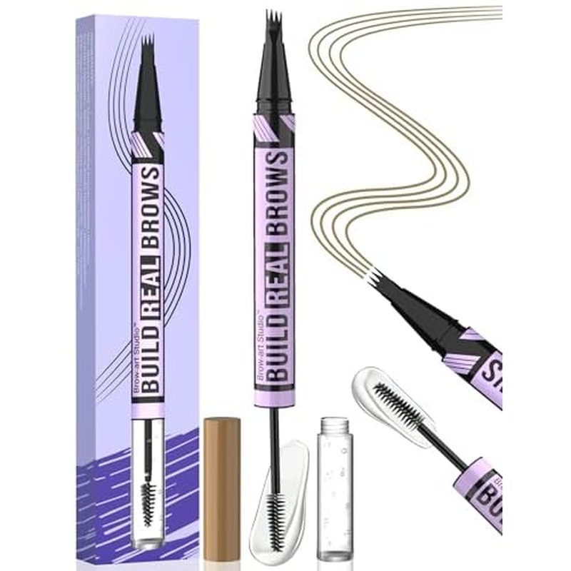 iMethod Eyebrow Pen and Eyebrow Gel - Eyebrow Pencils for Women with 4-Fork-Tip & Brow Gel Clear, Magical 2-in-1 Dual-Ended Brow Pen for Fuller-Looking Defined Brows, Stay All Day, Light Brown