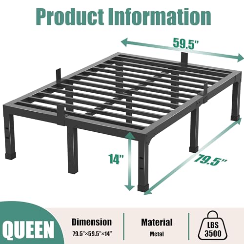 Queen Size 14-Inch Heavy Duty Metal Bed Frame - Noise-Free Steel Platform with Slat Support, Easy Assembly