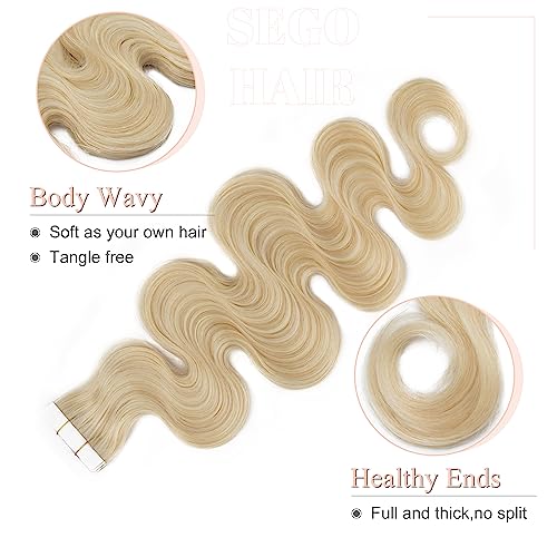 SEGO Wavy Tape-In Hair Extensions 14 Inch Blonde Remy Human Hair 20pcs - Body Wave, Bleach Blonde Variation #0613