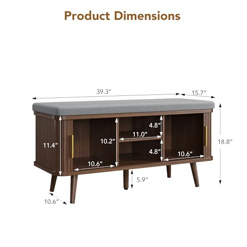 Decofy 39 Inch Shoe Storage Bench with Cushion & Sliding Doors - Walnut