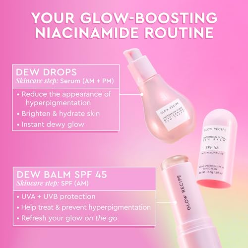 Glow Recipe Skincare Essentials Travel Duo - Watermelon Glow SPF Dew Balm Sunscreen (.58oz) + Niacinamide Dew Drops Serum with Hyaluronic Acid (15ml) - Protect from UVA Rays & Brighten Uneven Skin