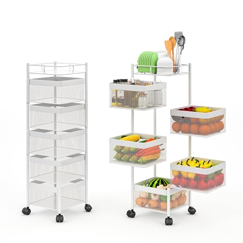 White 5-Tier Rotating Kitchen & Bathroom Storage Cart - No Assembly
