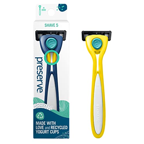 Preserve Shave 5 Five Blade Refillable Razor, Made from Recycled Materials, Sunshine Yellow and Preserve Five Blade Replacement Cartridges Wave Edition (4 Count) Bundle