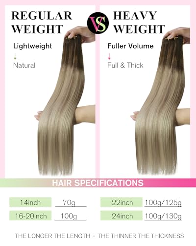 YoungSee Sew-In Hair Extensions Ombre Brown to Blonde 14 Inch 70g - Short Straight Human Hair Weft, Variation 2-E-#4/14/60