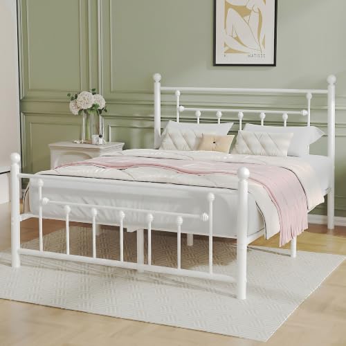 White Full Size Metal Platform Bed Frame with Headboard Victorian Style