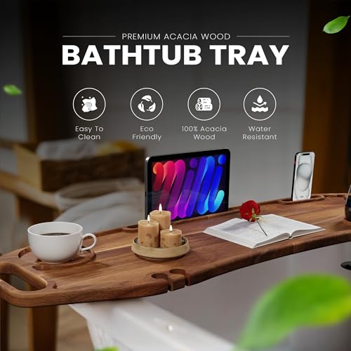 Premium Acacia Bathtub Tray 35in x 10in | Freestanding, Waterproof, Non-Toxic