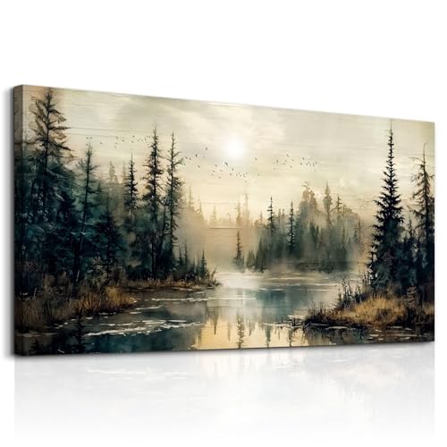 FUHAIHUA Forest River Wall Art Canvas - 48x24 Inch Modern Landscape Decor