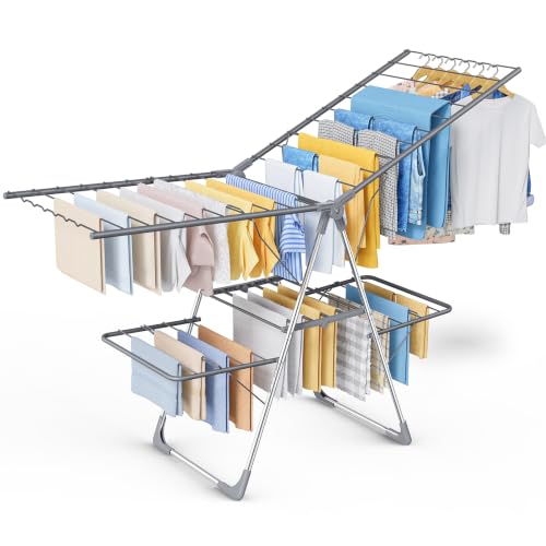 Gray Large Clothes Drying Rack 70-Inch Foldable 2-Level with Adjustable Wings