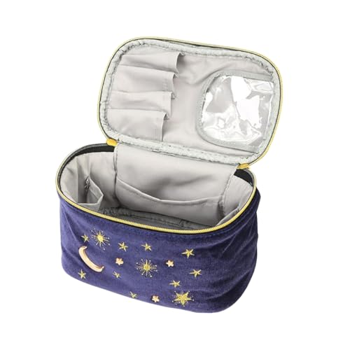 Women Navy Velvet Embroidery Cosmetic Makeup Bag, Applique Moon Stars Pattern Make Up Bag, High Capacity Toiletry Pouch Clutch Bag for Travel (Navy B)