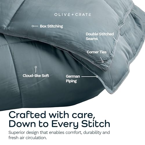 Olive + Crate Bamboo Comforter Queen - Basalt Blue, 88x90 Inch Breathable Duvet Insert