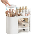 DASITON Makeup Organizer with 3 Drawers,Automatic Lifting Makeup Brush Holder with Lid,Large Capacity Makeup Organizers for Vanity,Bathroom Countertop,Ideal Storage Skin Care,Brushes,Lipstick (White)