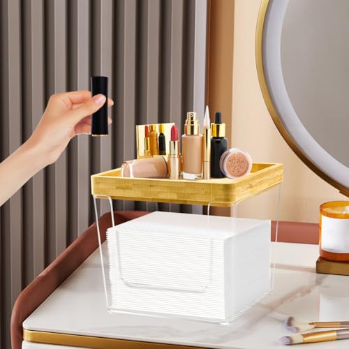 Acrylic & Bamboo Face Towel Holder Box - Large Bathroom Tissue Dispenser