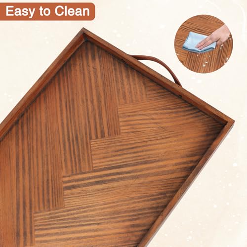 Extra Large Wooden Serving Tray with Leather Handles 24x16 in - Rustic Decor