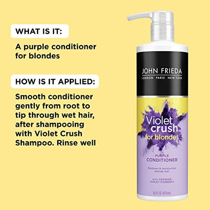 John Frieda Violet Crush Purple Conditioner, Purple Conditioner for Blonde Hair, Crushed Violet Pigments Neutralize Brassy Tones for Cooler, Brighter Blonde, 16 FL OZ (475ml)