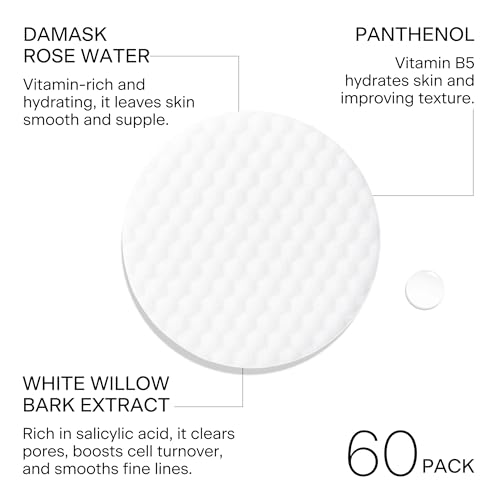 FEMMUE Rose Infused Face Toning Pads (60 Pack) | Daily Exfoliating Toner Cotton Rounds with Rose Water | Korean Skin Care