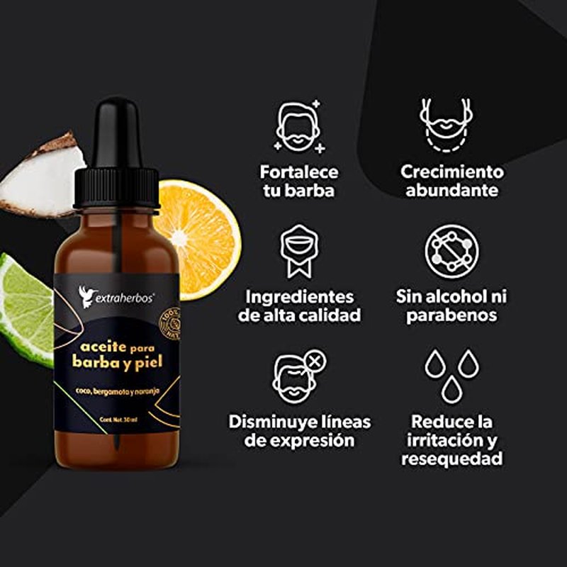 Extraherbos Beard and Skin Oil 30ml - 100% Natural and Organic with MCT Coconut, Bergamot, Vitamin E - Stimulates Growth, Deep Hydration, Softens and Strengthens - Cedar Scent