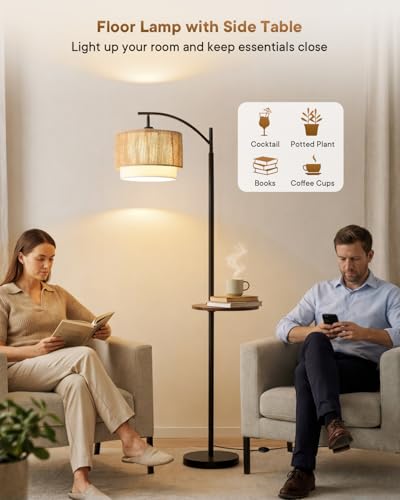Vintage Brown Rattan Floor Lamp with Side Table - Farmhouse Arc Standing Light
