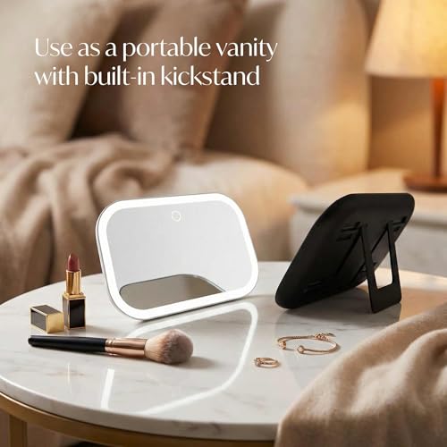Fancii Car Sun Visor Makeup Mirror with Light, Rechargeable, 3 Color Modes, Dimmable, Adjustable Strap Clip-On Vanity Mirror, Universal fit, Built-in Kickstand (Juni 2) - Black