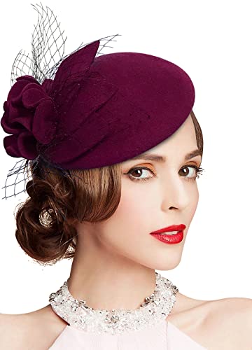 Vintage 1920s Wool Felt Flower Fascinator Pillbox Hat with Variation 018 Wine Red for Women